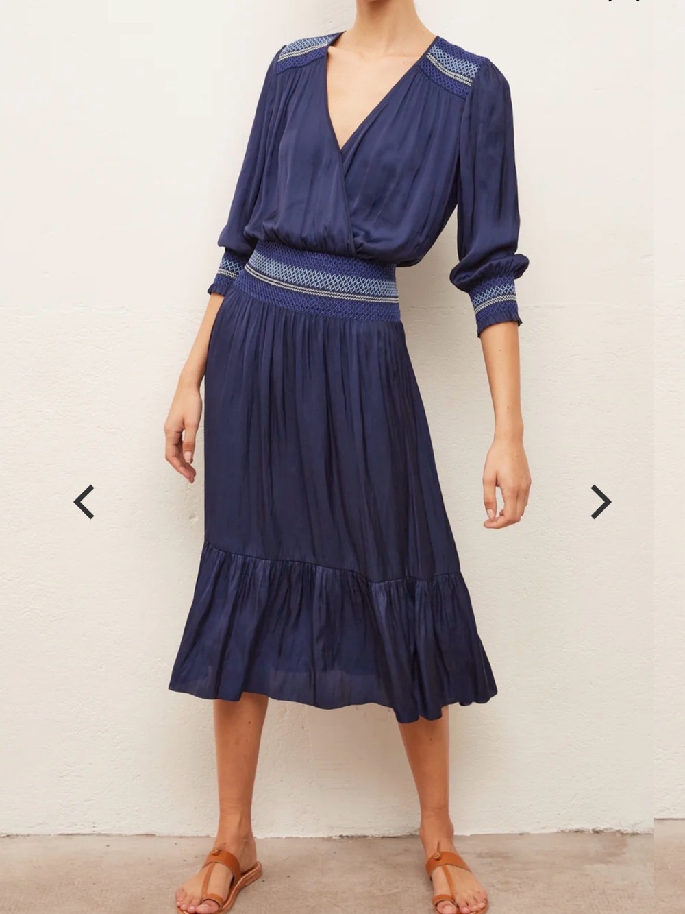 Gerard Darel Navy Blue Smocked-Waist Midi Skirt